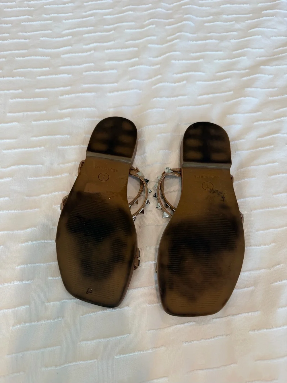 Steve Madden Tan Slide Sandals with Silver Pyramid Studs